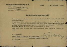 Nikodemus, Seelinger. "Reich Alemán / Carné de desplazado". Posen, 8 junio 1944