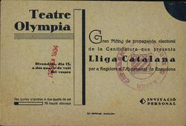 Liga Catalana. Invitación personal a un mitin electoral en el Teatro Olimpia. Barcelona, 12 enero 1934