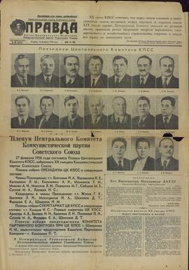 "Pravda" (Presidium Supremo del PCUS). 28 de Febrero de 1956