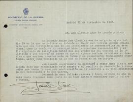 Franco Salgado-Araujo, Francisco. A Claudio Lago de Lanzós y Díaz s/ recomendación de un recluta. Madrid, 21 diciembre 1935