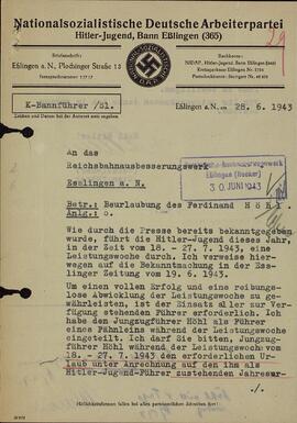 NSDAP: Documento de las juventudes hitlerianas. 28 junio 1943