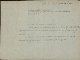 Carta dirigida al Cnel. Emilio Rodríguez Tarduchy, Director de la Red Nacional de Difusión, s.f. Barcelona, 25 de Junio de 1942