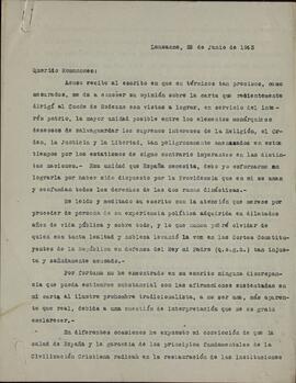 Borbón, Juan de. Carta a Romanones. Lausanne, 29 junio 1943 (Monarquía y Estado Democrático).