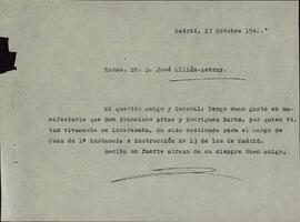 Gallo, Alejandro (posiblemente). A José Millán Astray. Madrid, 23 octubre 1942