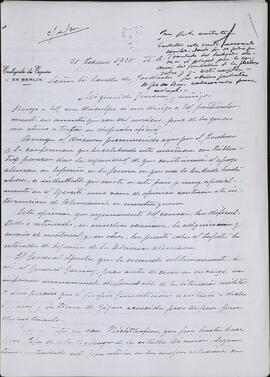 Correspondencia entre el Conde de Jordana y Antonio Magaz, Embajador de España en Berlín, sobre los sucesos durante la "Kristallnacht", que el Embajador presenció personalmente. 1938