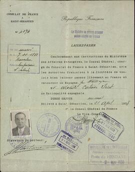 Castañé Lloret, Modesto. Consulado de Francia en San Sebastian. San Sebastian, 23 abril 1938
