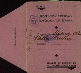 Del Valle Santín, Antonio. Estados de cotización a UGT, 1933 y 1934