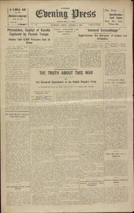 Evening Press. Guernsey, 3 octubre 1941. "Petrowski, capital de Karelia capturada por tropas finlandesas."