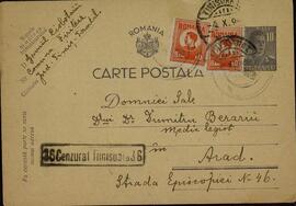 Sale, Domniei. "Rumanía / Tarjeta postal ". Pasado por censura. Timisoara, 1 octubre 1944