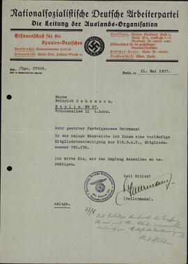 "Cartas de la organización extranjera del NDASP a Heinrich Behrmann: Certificado provisional de militante del NSDAP para Heinrich Behrmann". 21 mayo 1937