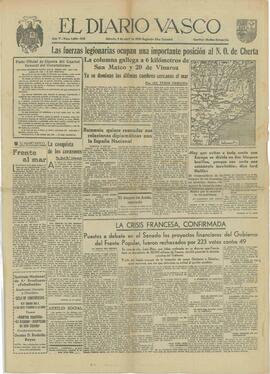 El Diario Vasco. "Las fuerzas legionarias ocupan una importante posicional N.O. de Cherta". San Sebastián, 9 abril 1938