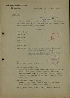 Consulado General Alemán para España: Walter Ley, persona desaparecida. 1940