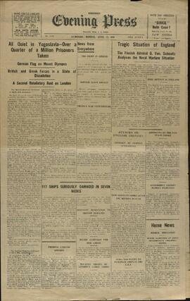 Evening Press. Guernsey, 21 Abril, 1941. "Todo tranquilo en Yugoslavia. Capturados alrededor de un cuarto de millón de prisioneros."