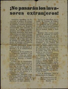 "¡No pasarán los invasores extranjeros!". Comité Central del Partido Comunista de España. Cataluña comunista contra el fascismo. 1938 (Guerra Civil).
