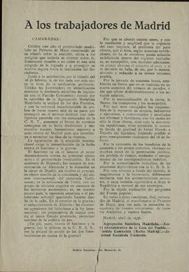 "A los Trabajadores de Madrid". Agrupación Socialista Madrileña, Partido Comunista, y JSU. Abril 1936