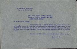 Vapor Uruguay. Sancho Contreras, Eduardo. Notificación para el envío de certificado de defunción a Raquel Claro Velasco (esposa). 29 julio 1939