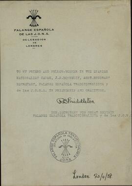 Middleton, R.B. Nota de agradecimiento del Secretario de Falange Española en Londres. 20 Abril 1938
