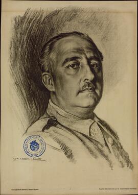 Retrato impreso de Francisco Franco Bahamonde a carboncillo firmado por Ismael Blat