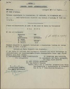 "Automovilismo militar: "Inspección y recuperación de automóviles de la 2ª zona - Sección recambios". Valladolid, marzo de 1939. División Italiana de Voluntarios (en italiano).