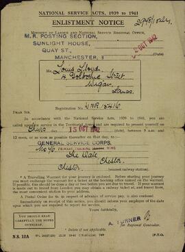 Lloyd, Louis. "Aviso de alistamiento. Actas del servicio nacional". Octubre 1942