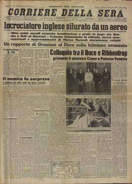 Corriere della Sera. "Crucero inglés bombardeado desde un avión". Milán, 20 Septiembre 1940