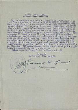 Carta del Coronel Jefe de E.M. Santa Cruz de Tenerife a Francisco Franco Bahamonde. 22 de mayo de 1936