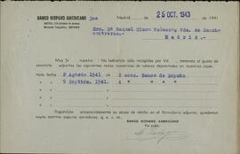 Vapor Uruguay. Sancho Contreras, Eduardo. Notificación del Banco Hispano Americano a Raquel Claro Velasco (esposa) Madrid 25 octubre 1943