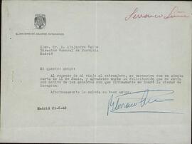 Serrano Súñer, Ramón. A Alejandro Gallo. Madrid, 29 junio 1942