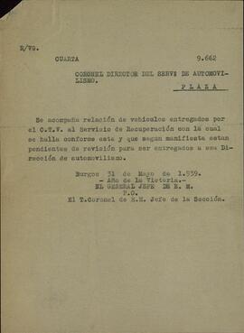Cuartel General del Generalísimo. Servicio de inspección y recuperación de automóviles. Burgos, 31 de mayo de 1939.