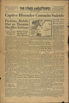 The Stars and the Stripes: Periódico diario de las Fuerzas Armadas de EE.UU. en el Escenario Europeo de Operaciones. 25 mayo 1945. "Himmler capturado se suicida."