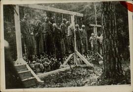 Fotografía de hombres asesinados en horcas comunes, en campo de concentración nazi, posiblemente Auschwitz.