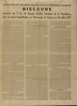 Discurso pronunciado por Su Excelentísimo Señor Manuel Azaña, Presidente de la República, en el gran Anfiteatro de la Universidad de Valencia, 18 julio 1937