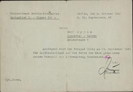 "Departamento militar del censo Berlín - Tiergarten. Theophil Syrow. 9 octubre 1941"