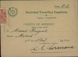 Diploma y tarjetas de miembros de la Sociedad Teosófica Española a favor de Manuel Burguete Reparaz. Masonería Española, de 1932 a 1935.