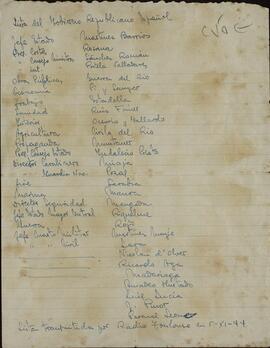"Lista  del Gobierno Republicano Español". ¿5? noviembre 1944. Comunicado por Radio Toulousse.
