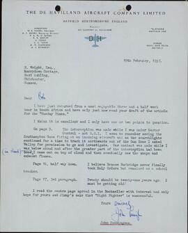 Cunningham, John. "Carta a Robert Wright". 19 Febrero 1957