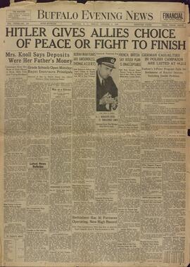 Buffalo Evening News. 6 octubre 1939. "Hitler da a los aliados la opción de la paz o de luchar hasta el final."