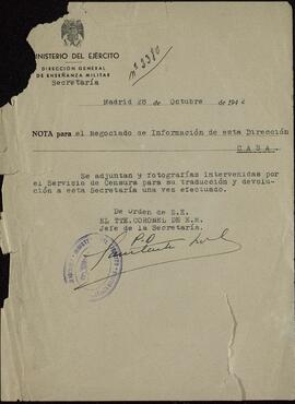 Censura de la Dirección General de Seguridad, Servicio de. Madrid, 28 de octubre de 1942