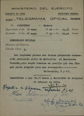 Ministerio del Ejército. Defensa de Gibraltar después de la Guerra Civil. Informe indicando que el Reino Unido se dispone a preparar la evacuación de la población británica hacia Marruecos. 17 de mayo de 1940.
