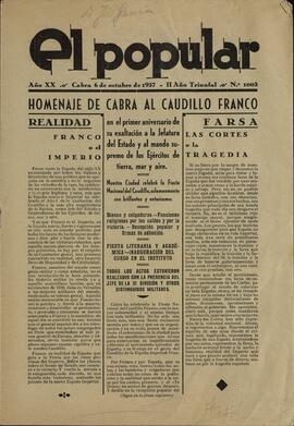 El Popular. "Homenaje de Cabra al Caudillo Franco". Cabra, 6 octubre 1937