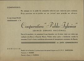 Cooperativa "Pablo Iglesias", instando a formalizar depósitos en este "Banco Obrero Nacional".