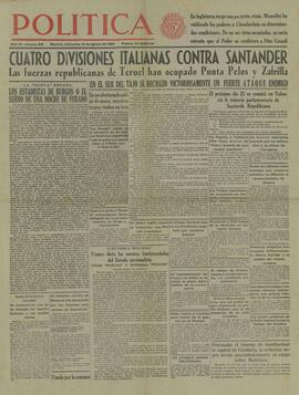 Política. Órgano de Izquierda Republicana. "Cuatro divisiones italianas contra Santander". 18 agosto 1937