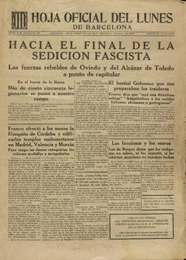Hoja oficial del lunes de Barcelona. "Hacia el final de la sedición fascista. Las fuerzas rebeldes de Oviedo y del Alcázar a punto de capitular". 31 Agosto 1936