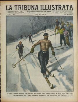 La Tribuna Illustrata. "El Duce, gran deportista, se ha concedido un óptimo entrenamiento físico esquiando a torso desnudo, en la nieve del Terminillo. Le ha acompañado Romano, el más joven de sus hijos". 7 de febrero de 1937.