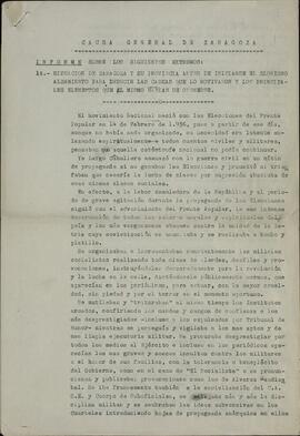 Causa General de Zaragoza: Informe militar sobre la situación de Zaragoza antes del levantamiento y de la evolución del conflicto en Aragón hasta el fin de la guerra civil. 25 febrero 1941
