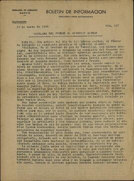 "Proclama del Führer al Ejército Alemán". Boletín de información n.º 157. Embajada alemana en Madrid, 15 marzo 1945