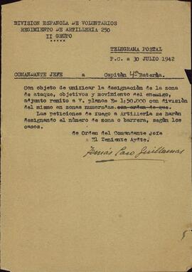División española de voluntarios, División Azul. Regimiento de Artillería 250. 30 julio 1942. Incorpora planos rusos de la zona de Pushkin.