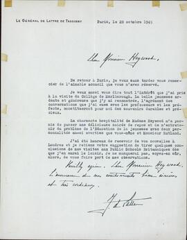 De Lattre de Tassigny, Jean. A "Heywood". París, 28 octubre 1949