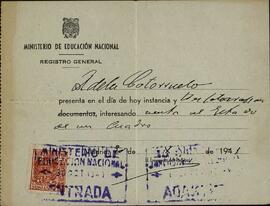 Recibo de Cuota de la Sección Femenina de Falange y Recibo del Ministerio de Educación Nacional. 1 Julio 1939
