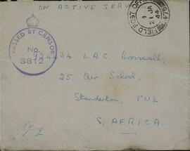 Sobre dirigido a Sudáfrica pasado por la censura militar británica. 21 enero 1944